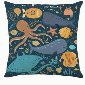 NEW UNDER WATER WORLD BEACH OCEAN LINEN BLEND NAUTICAL PILLOW CUSHION COVER